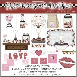 Prim Valentines Day Clipart Graphic Set Pink
