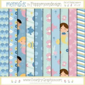 Mermaid Digital Papers Blue