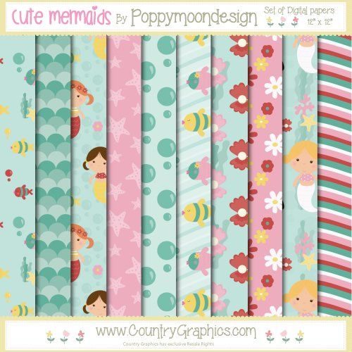 Mermaid Digital Papers Red